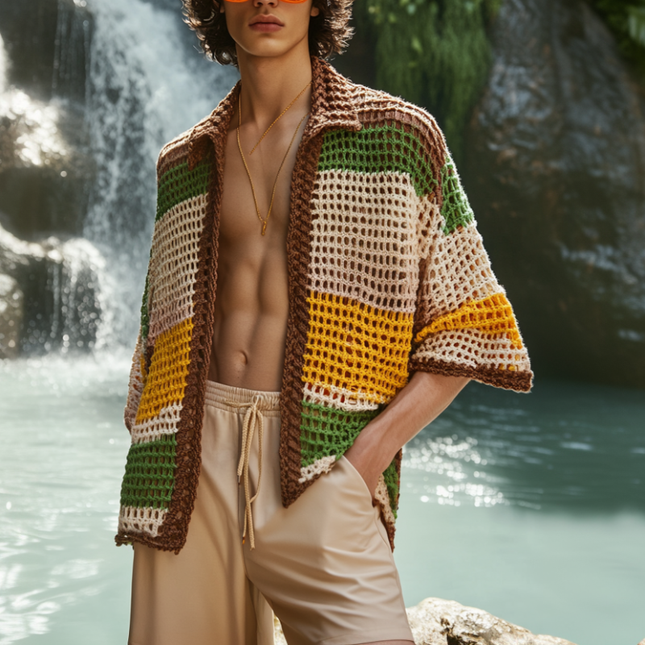 Men's Short Sleeve Cardigan | Contrast Color Loose Collar Style | Casual Knitted Cardigan | Comfortable Relaxed Fit | Breathable Fashion Layer | Versatile Styling | Modern Men's Outerwear