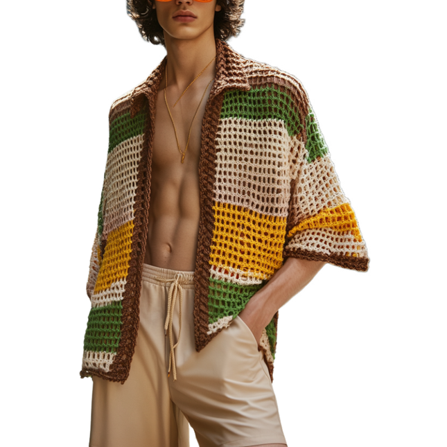 Men's Short Sleeve Cardigan | Contrast Color Loose Collar Style | Casual Knitted Cardigan | Comfortable Relaxed Fit | Breathable Fashion Layer | Versatile Styling | Modern Men's Outerwear