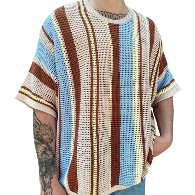 Men's Striped Knit Sweater | Short Sleeve | Loose Collar | Contrast Colors | Relaxed Fit | Casual Style | Comfortable Knit Fabric | Versatile Layering | Ideal for Everyday Wear | Multiple Sizes Available