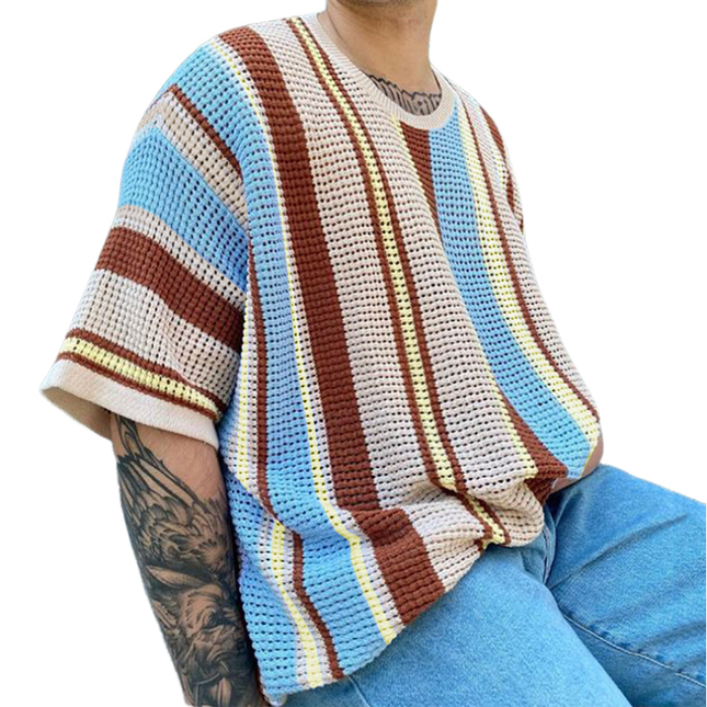 Men's Striped Knit Sweater | Short Sleeve | Loose Collar | Contrast Colors | Relaxed Fit | Casual Style | Comfortable Knit Fabric | Versatile Layering | Ideal for Everyday Wear | Multiple Sizes Available