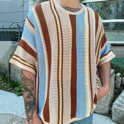 Men's Striped Knit Sweater | Short Sleeve | Loose Collar | Contrast Colors | Relaxed Fit | Casual Style | Comfortable Knit Fabric | Versatile Layering | Ideal for Everyday Wear | Multiple Sizes Available