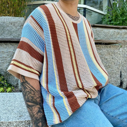 Men's Striped Knit Sweater | Short Sleeve | Loose Collar | Contrast Colors | Relaxed Fit | Casual Style | Comfortable Knit Fabric | Versatile Layering | Ideal for Everyday Wear | Multiple Sizes Available