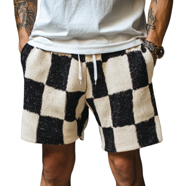 Men's Casual Shorts | Checkerboard Jacquard Knit | Elastic Waist | Breathable Fabric | Geometric Design | Summer Style | Adjustable Drawstring | Multiple Sizes | Deep Pockets | Comfort-Fit