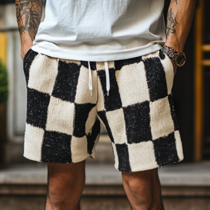 Men's Casual Shorts | Checkerboard Jacquard Knit | Elastic Waist | Breathable Fabric | Geometric Design | Summer Style | Adjustable Drawstring | Multiple Sizes | Deep Pockets | Comfort-Fit