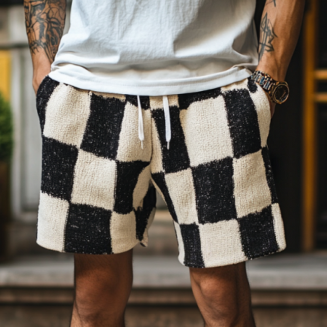Men's Casual Shorts | Checkerboard Jacquard Knit | Elastic Waist | Breathable Fabric | Geometric Design | Summer Style | Adjustable Drawstring | Multiple Sizes | Deep Pockets | Comfort-Fit