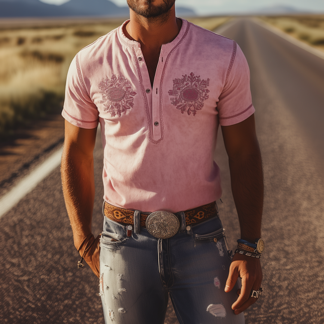 Men's Suede Henley T-Shirt | Retro Western Style | Short Sleeve | Spring/Summer Fashion | High-Quality Fabric | Breathable Design | Stylish Collar | Casual Wardrobe Essential | Comfortable & Versatile