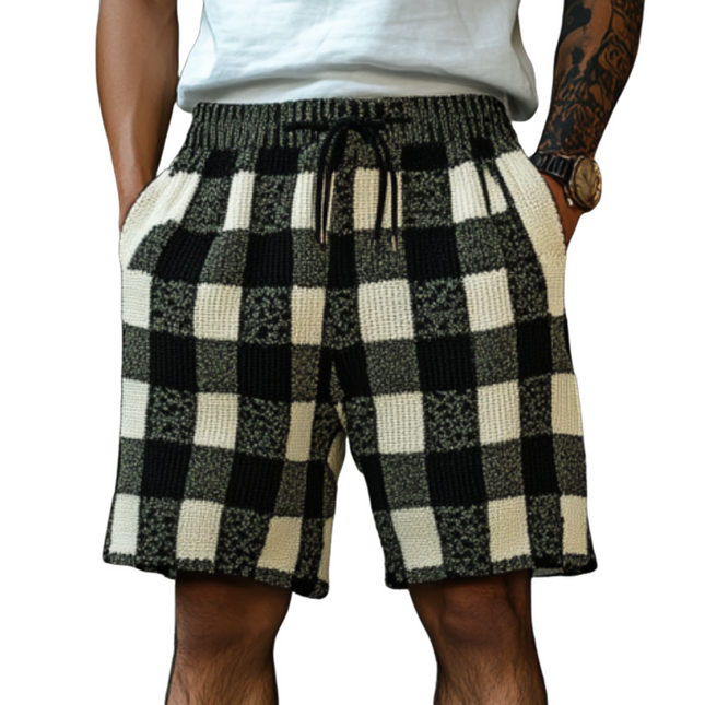 Men's Elastic Waist Shorts | Contrast Checkerboard Pattern | Jacquard Knit Fabric | Casual Wear | Breathable & Stretchy | Functional Side Pockets | Summer Outfit | Versatile Style | Multiple Sizes Available