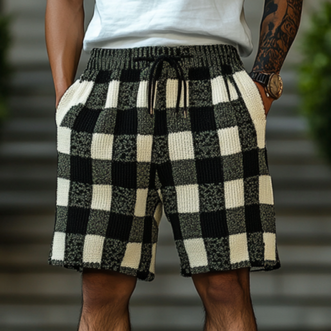 Men's Elastic Waist Shorts | Contrast Checkerboard Pattern | Jacquard Knit Fabric | Casual Wear | Breathable & Stretchy | Functional Side Pockets | Summer Outfit | Versatile Style | Multiple Sizes Available