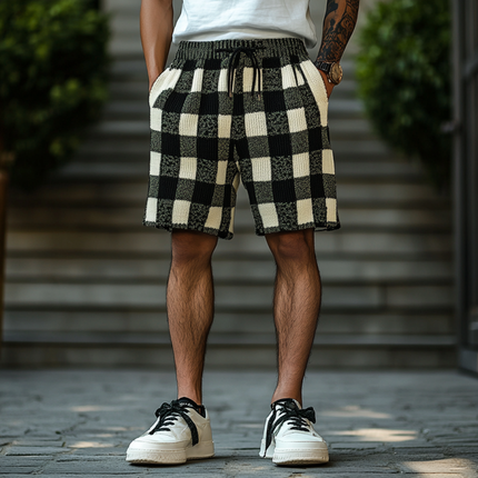 Men's Elastic Waist Shorts | Contrast Checkerboard Pattern | Jacquard Knit Fabric | Casual Wear | Breathable & Stretchy | Functional Side Pockets | Summer Outfit | Versatile Style | Multiple Sizes Available