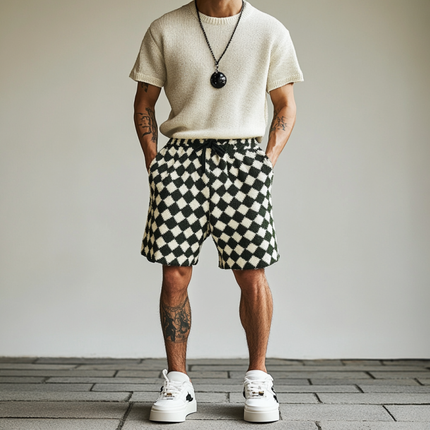 Men's Elastic Waist Shorts | Diamond Jacquard Knit | Stylish & Breathable | Premium Soft Fabric | Casual & Versatile | Functional Pockets | Adjustable Drawstring | Modern Design | Comfortable Summer Wear