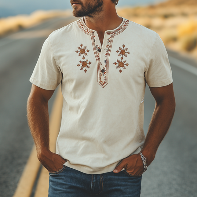 Men's Suede Henley Collar T-Shirt | Retro Western Style | Beard Embroidery | Premium Short Sleeve | Spring Summer Fashion | Comfortable & Stylish
