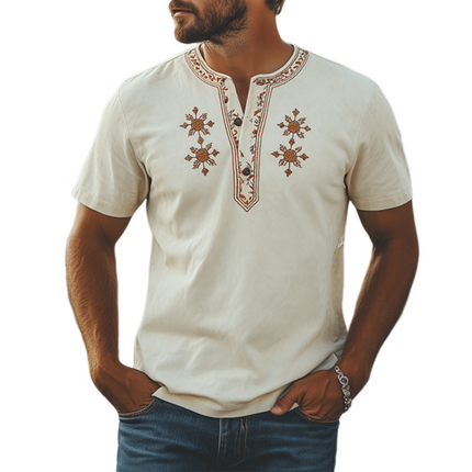 Men's Suede Henley Collar T-Shirt | Retro Western Style | Beard Embroidery | Premium Short Sleeve | Spring Summer Fashion | Comfortable & Stylish