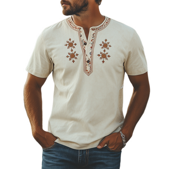 Men's Suede Henley Collar T-Shirt | Retro Western Style | Beard Embroidery | Premium Short Sleeve | Spring Summer Fashion | Comfortable & Stylish