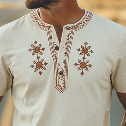 Men's Suede Henley Collar T-Shirt | Retro Western Style | Beard Embroidery | Premium Short Sleeve | Spring Summer Fashion | Comfortable & Stylish