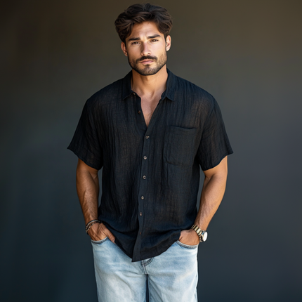 Men's Linen Short Sleeve Shirt | Breathable Comfortable Lapel Design | Loose Fit | Casual Summer Top | Lightweight Fashion | Versatile Button-Down | Easy Care Machine Washable | Available in Multiple Sizes