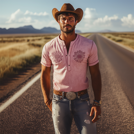 Men's Suede Henley T-Shirt | Retro Western Style | Short Sleeve | Spring/Summer Fashion | High-Quality Fabric | Breathable Design | Stylish Collar | Casual Wardrobe Essential | Comfortable & Versatile
