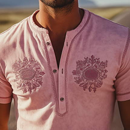 Men's Suede Henley T-Shirt | Retro Western Style | Short Sleeve | Spring/Summer Fashion | High-Quality Fabric | Breathable Design | Stylish Collar | Casual Wardrobe Essential | Comfortable & Versatile