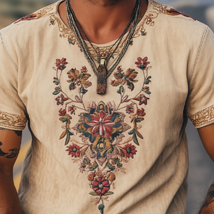 Men's Retro Western Short Sleeve T-Shirt | Suede Embroidered Design | Classic Spring Summer Style | Soft Luxurious Feel | Breathable Suede Fabric | Nostalgic Western Aesthetic | Casual Versatile Fit