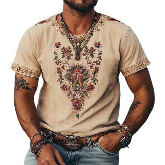 Men's Retro Western Short Sleeve T-Shirt | Suede Embroidered Design | Classic Spring Summer Style | Soft Luxurious Feel | Breathable Suede Fabric | Nostalgic Western Aesthetic | Casual Versatile Fit