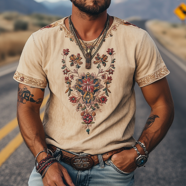 Men's Retro Western Short Sleeve T-Shirt | Suede Embroidered Design | Classic Spring Summer Style | Soft Luxurious Feel | Breathable Suede Fabric | Nostalgic Western Aesthetic | Casual Versatile Fit