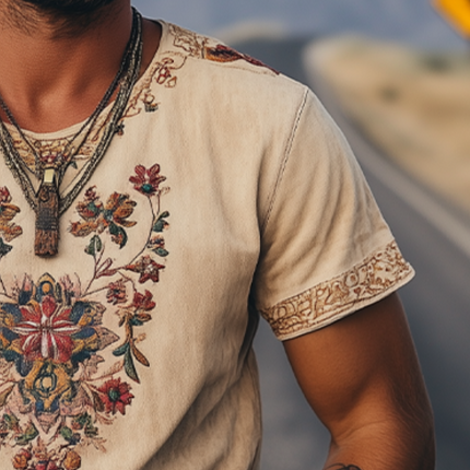 Men's Retro Western Short Sleeve T-Shirt | Suede Embroidered Design | Classic Spring Summer Style | Soft Luxurious Feel | Breathable Suede Fabric | Nostalgic Western Aesthetic | Casual Versatile Fit