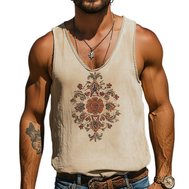 Men's Retro Embroidered Tank Top | Spring/Summer | Breathable Ramie Fabric | Western Style | Sleeveless | Classic Design | Casual and Stylish | Versatile Pairing | Lightweight Comfort | Nostalgic Aesthetic