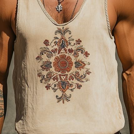 Men's Retro Embroidered Tank Top | Spring/Summer | Breathable Ramie Fabric | Western Style | Sleeveless | Classic Design | Casual and Stylish | Versatile Pairing | Lightweight Comfort | Nostalgic Aesthetic