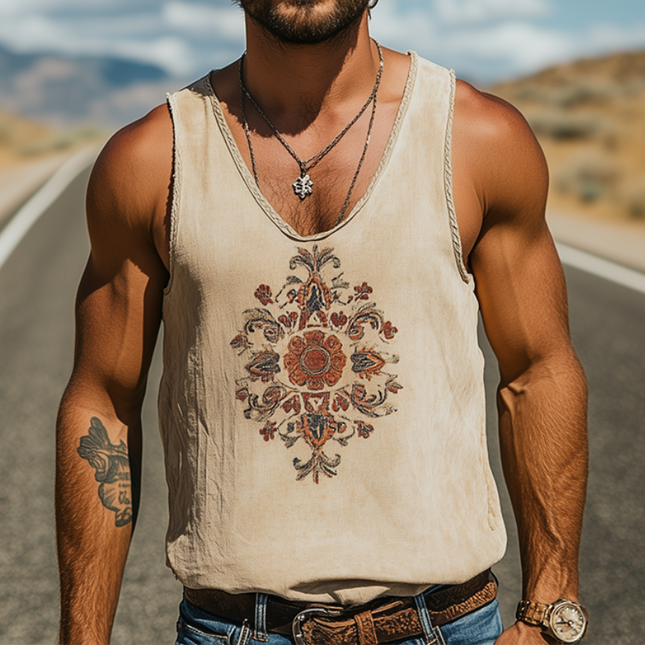 Men's Retro Embroidered Tank Top | Spring/Summer | Breathable Ramie Fabric | Western Style | Sleeveless | Classic Design | Casual and Stylish | Versatile Pairing | Lightweight Comfort | Nostalgic Aesthetic