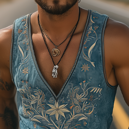 Men's Suede Deep V Neck Tank Top | Retro Western Style | Embroidered | Spring Summer Fashion | Premium Material | Relaxed Fit