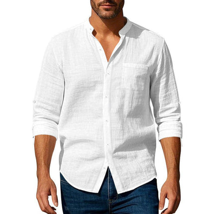 Men's Stand Collar Long Sleeve Shirt | Cotton Linen Blend | Casual & Versatile | Sophisticated Style | Comfortable Fit | Breathable Fabric | Perfect for Work & Leisure