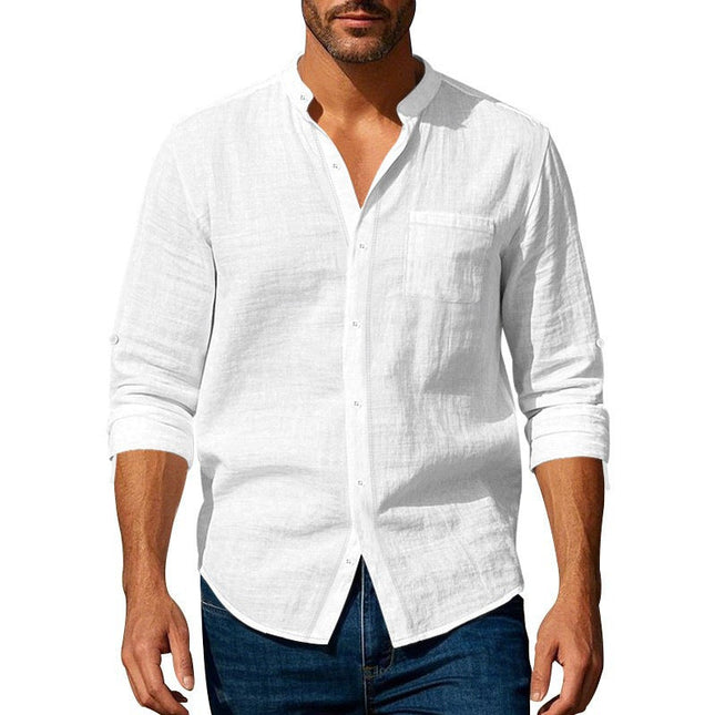 Men's Stand Collar Long Sleeve Shirt | Cotton Linen Blend | Casual & Versatile | Sophisticated Style | Comfortable Fit | Breathable Fabric | Perfect for Work & Leisure