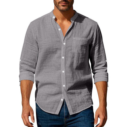 Men's Stand Collar Long Sleeve Shirt | Cotton Linen Blend | Casual & Versatile | Sophisticated Style | Comfortable Fit | Breathable Fabric | Perfect for Work & Leisure