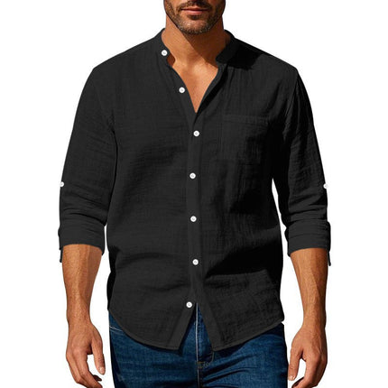 Men's Stand Collar Long Sleeve Shirt | Cotton Linen Blend | Casual & Versatile | Sophisticated Style | Comfortable Fit | Breathable Fabric | Perfect for Work & Leisure