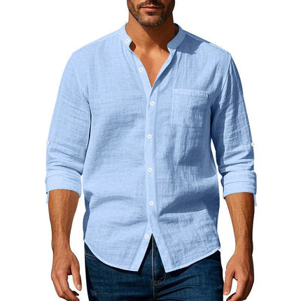 Men's Stand Collar Long Sleeve Shirt | Cotton Linen Blend | Casual & Versatile | Sophisticated Style | Comfortable Fit | Breathable Fabric | Perfect for Work & Leisure