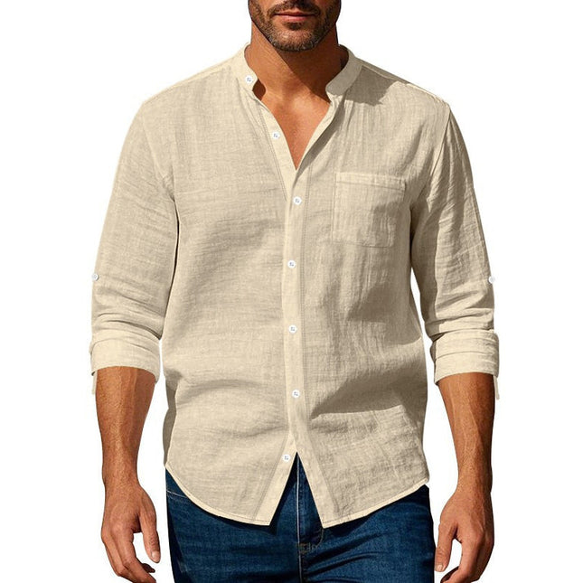 Men's Stand Collar Long Sleeve Shirt | Cotton Linen Blend | Casual & Versatile | Sophisticated Style | Comfortable Fit | Breathable Fabric | Perfect for Work & Leisure