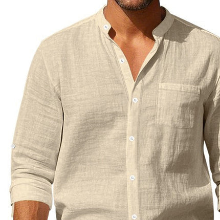 Men's Stand Collar Long Sleeve Shirt | Cotton Linen Blend | Casual & Versatile | Sophisticated Style | Comfortable Fit | Breathable Fabric | Perfect for Work & Leisure