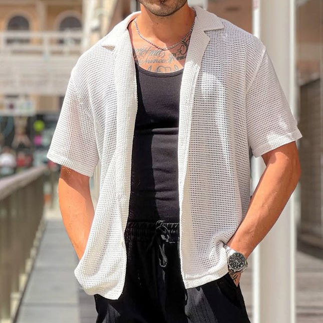 Men's Casual Shirt | Solid Color | Hollow Lapel | Short Sleeve | Comfortable Fit | Breathable Fabric | Versatile Style | S-3XL | Perfect for Warm Weather | Suitable for Office or Weekend Outings