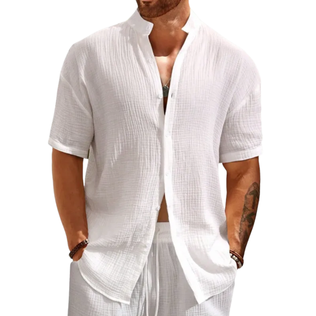 Men's Short Sleeve Shirt | Casual Stand Collar | Breathable Cotton Blend | Pleated Slim Fit Design | Stylish Men's Dress Shirt | S-XXL Sizes | Versatile & Comfortable | Ideal for Warm Weather & Events