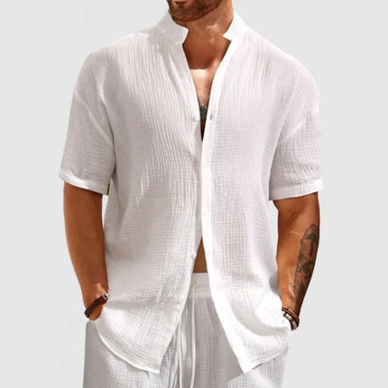 Men's Short Sleeve Shirt | Casual Stand Collar | Breathable Cotton Blend | Pleated Slim Fit Design | Stylish Men's Dress Shirt | S-XXL Sizes | Versatile & Comfortable | Ideal for Warm Weather & Events