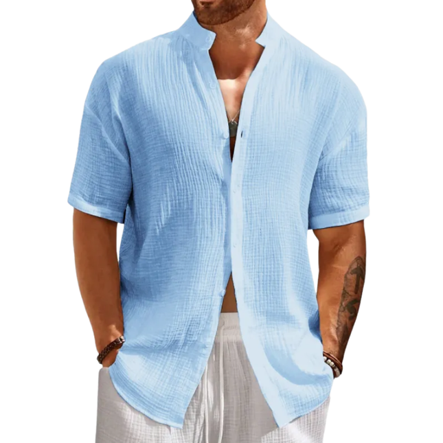 Men's Short Sleeve Shirt | Casual Stand Collar | Breathable Cotton Blend | Pleated Slim Fit Design | Stylish Men's Dress Shirt | S-XXL Sizes | Versatile & Comfortable | Ideal for Warm Weather & Events