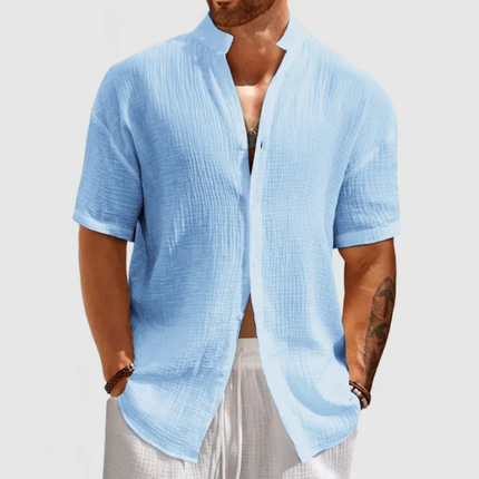 Men's Short Sleeve Shirt | Casual Stand Collar | Breathable Cotton Blend | Pleated Slim Fit Design | Stylish Men's Dress Shirt | S-XXL Sizes | Versatile & Comfortable | Ideal for Warm Weather & Events