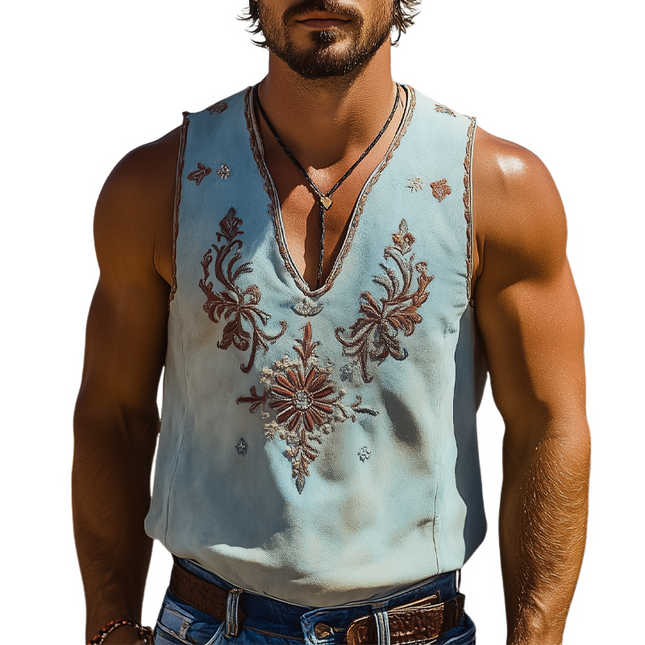 Men's Retro Western Suede Tank Top | Deep V-Neck | Embroidered Design | Classic Spring/Summer Style | Soft & Breathable Fabric | Relaxed Fit | Versatile Casual Wear