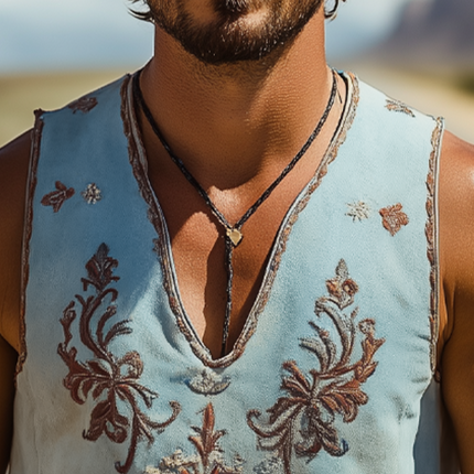 Men's Retro Western Suede Tank Top | Deep V-Neck | Embroidered Design | Classic Spring/Summer Style | Soft & Breathable Fabric | Relaxed Fit | Versatile Casual Wear