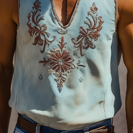Men's Retro Western Suede Tank Top | Deep V-Neck | Embroidered Design | Classic Spring/Summer Style | Soft & Breathable Fabric | Relaxed Fit | Versatile Casual Wear