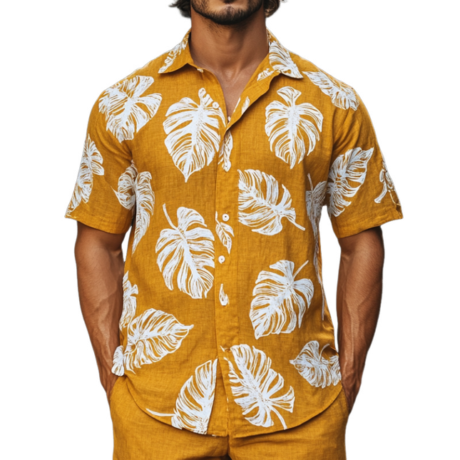Men's Leaf Print Short Sleeve Shirt | Classic Lapel | Relaxed Loose Fit | Summer Wear | Breathable Lightweight Fabric | Nature-Inspired Design | Versatile Styling | Casual and Semi-Formal | Durable Easy Care