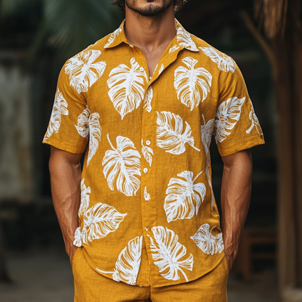 Men's Leaf Print Short Sleeve Shirt | Classic Lapel | Relaxed Loose Fit | Summer Wear | Breathable Lightweight Fabric | Nature-Inspired Design | Versatile Styling | Casual and Semi-Formal | Durable Easy Care