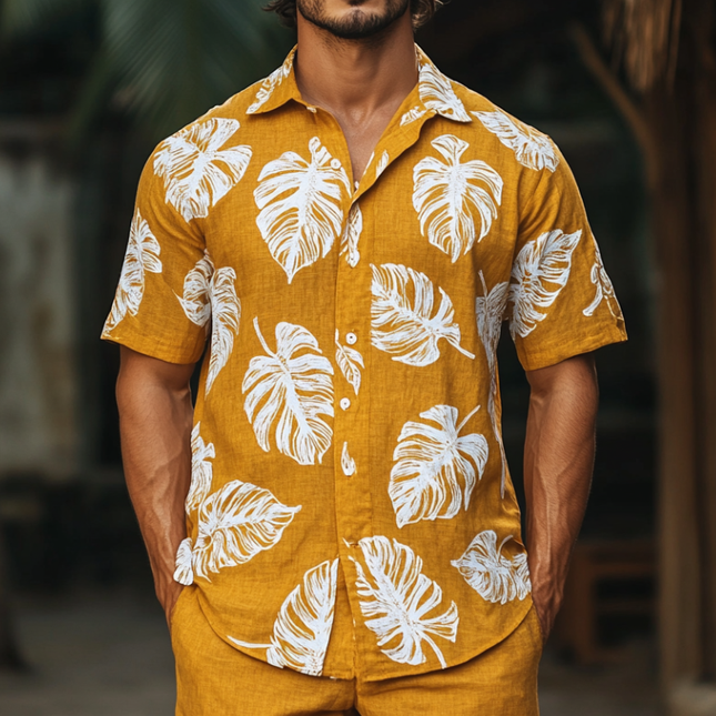 Men's Leaf Print Short Sleeve Shirt | Classic Lapel | Relaxed Loose Fit | Summer Wear | Breathable Lightweight Fabric | Nature-Inspired Design | Versatile Styling | Casual and Semi-Formal | Durable Easy Care