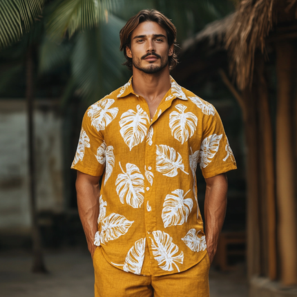 Men's Leaf Print Short Sleeve Shirt | Classic Lapel | Relaxed Loose Fit | Summer Wear | Breathable Lightweight Fabric | Nature-Inspired Design | Versatile Styling | Casual and Semi-Formal | Durable Easy Care