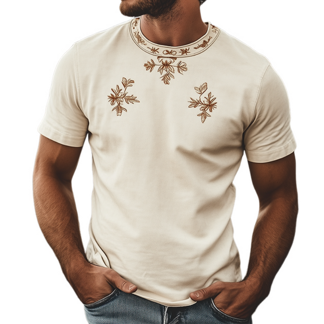 Men's Retro Western Suede T-Shirt | Spring Fashion | Embroidered Round Neck | Soft Short Sleeve | Casual Stylish Top