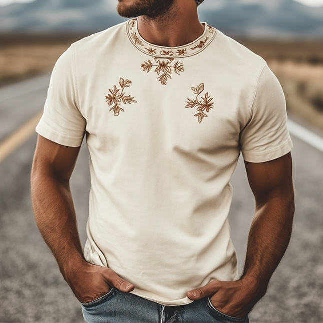 Men's Retro Western Suede T-Shirt | Spring Fashion | Embroidered Round Neck | Soft Short Sleeve | Casual Stylish Top